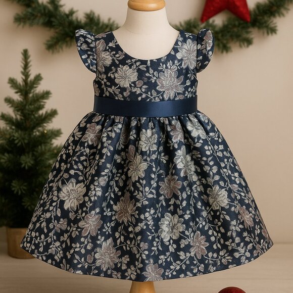 Bonnie Jean Girls Dress 3T Navy Pink Brocade Holiday Christmas Outfit - Picture 14 of 14